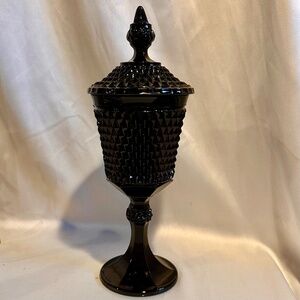Mid-Century Tall Black Diamond Point Apothecary Jar or Candy Jar-16”H